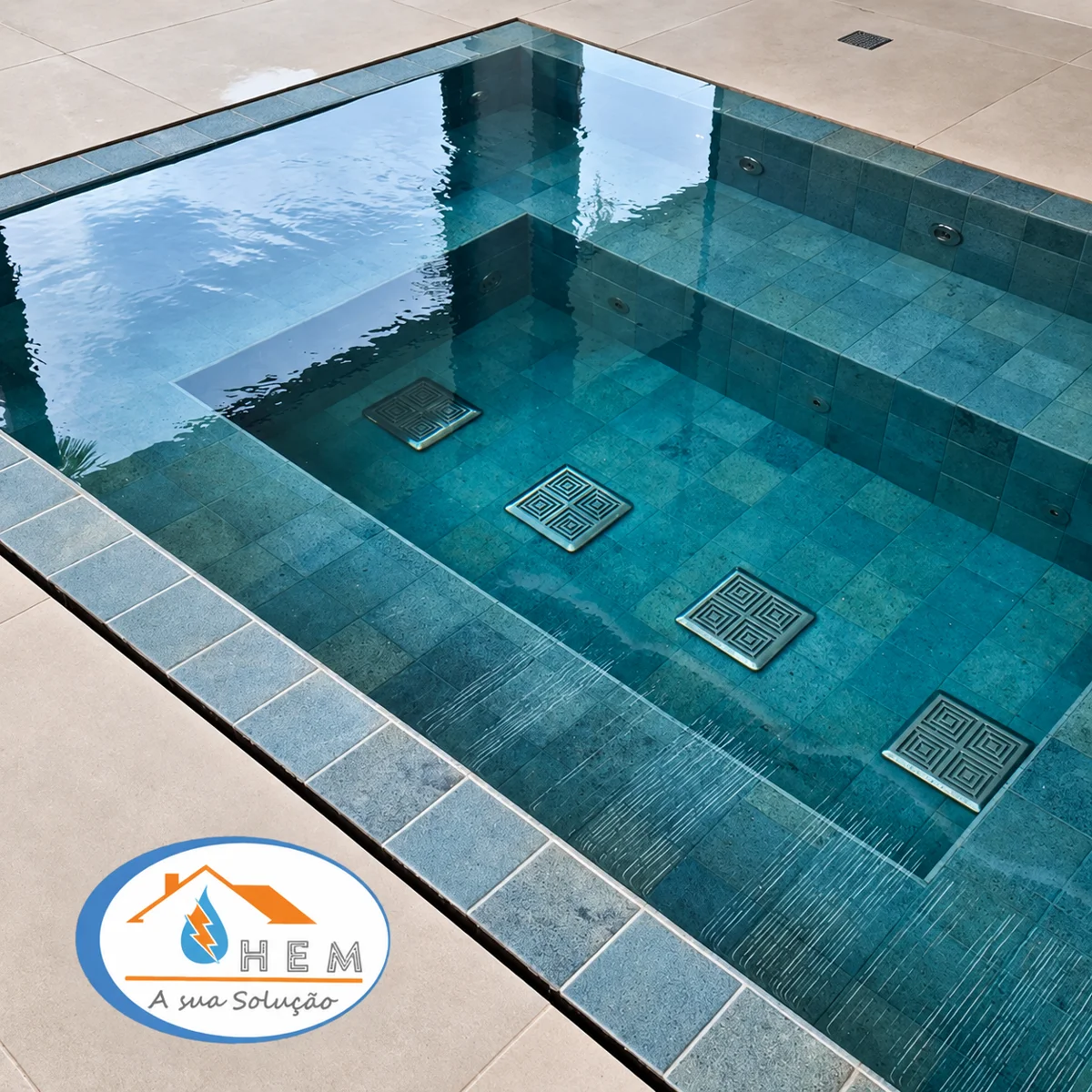 Piscina com revestimento escuro e sistema de circulação de água, HEM Manutenções